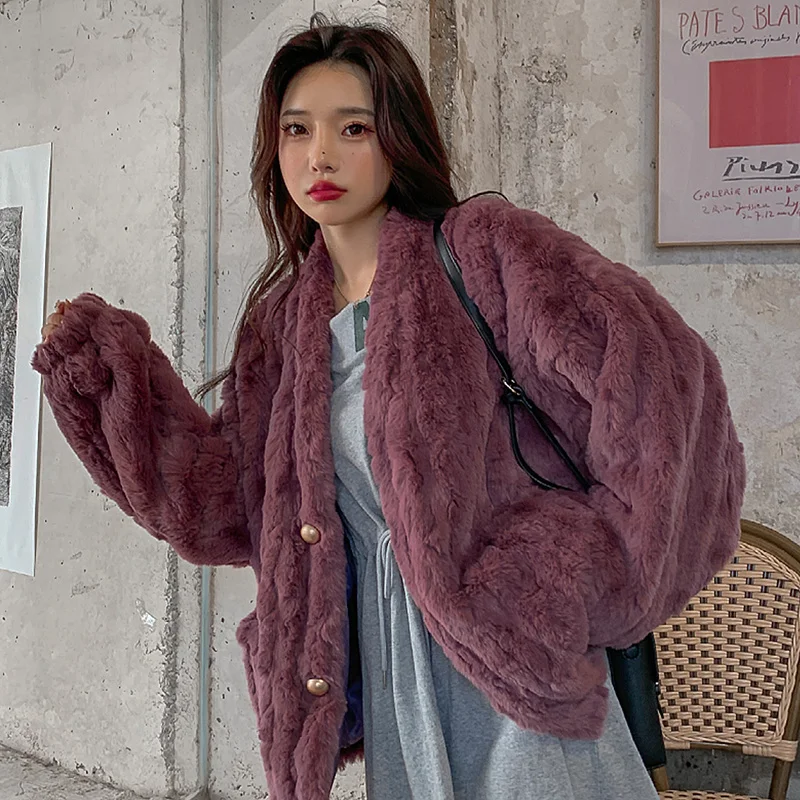 Autunno donna albicocca Faux Rabbit Fur Coat Casual coreano scollo a v manica lunga Coath Outwear inverno allentato Casual femminile Abrigo Mujer