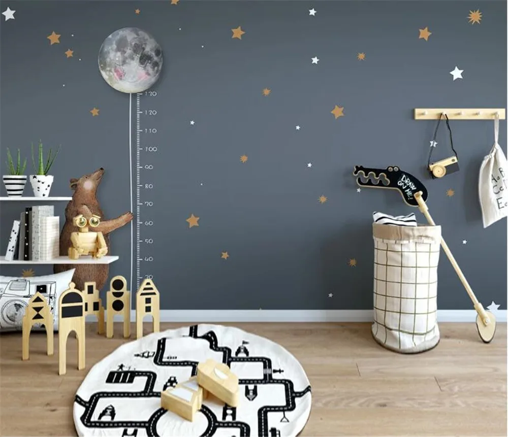 Milofi Kustom mural wallpaper Nordic minimalist cartoon bear moon measuring height children's room background wall