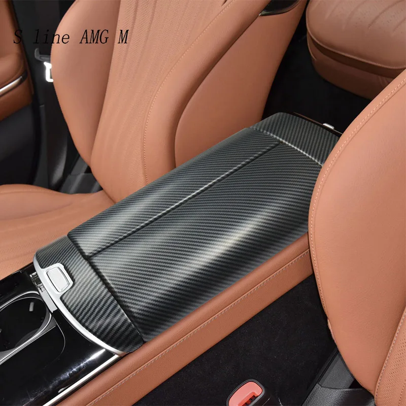 Car styling For Mercedes Benz S Class W223 Carbon fiber Center Console Stowing Tidying Armrest box sticker cover Accessories