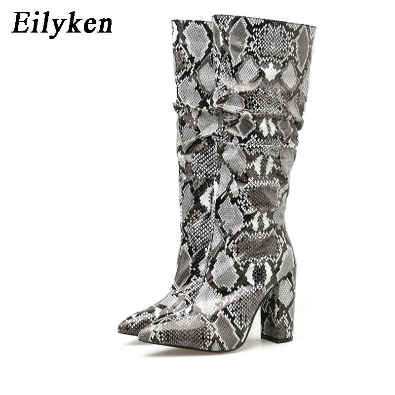 Eilyken Colorful Snake Skin Boots Women High Heels Thick Mid-calf Boot Distressed Pointed Toe Zip Pleated Slouch Shoes