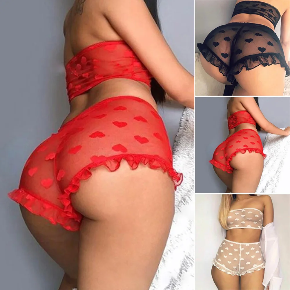 Sexy Lingerie Women\'s Underwear Set See Through Love Pattern Lace Lady Lingerie Bra + Thong Pajamas Suit