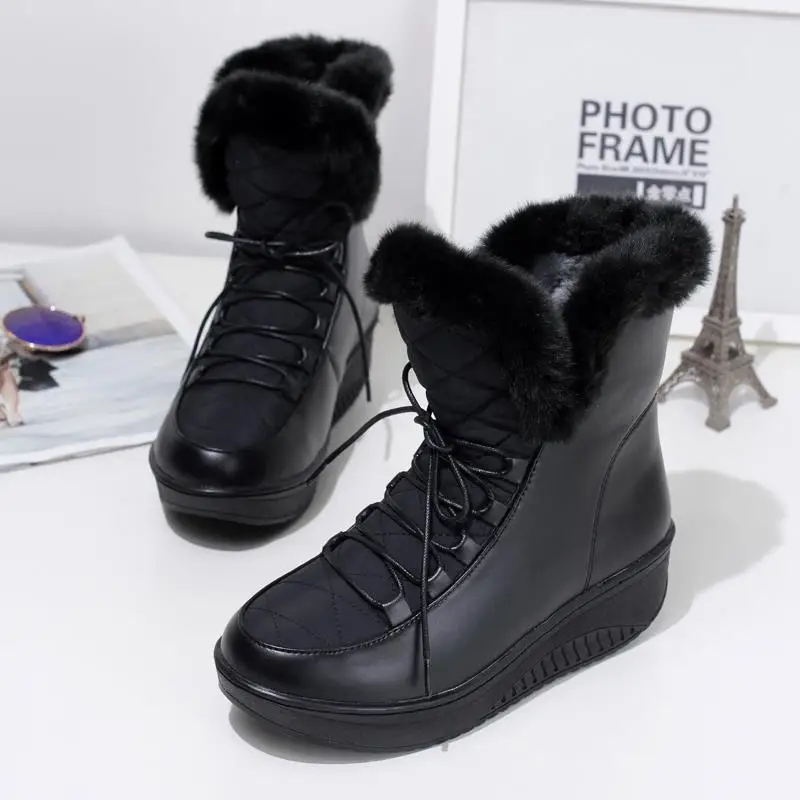 MORAZORA Plus size 35-44 New snow boots women wedges lace up ankle boots white black platform shoes warm fur winter boots female