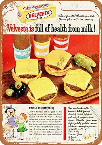 Letrero de Metal de 12x16 para decoración del hogar, Velveeta de Papel Kraft con hamburguesas con queso, Retro, para pared, 1964