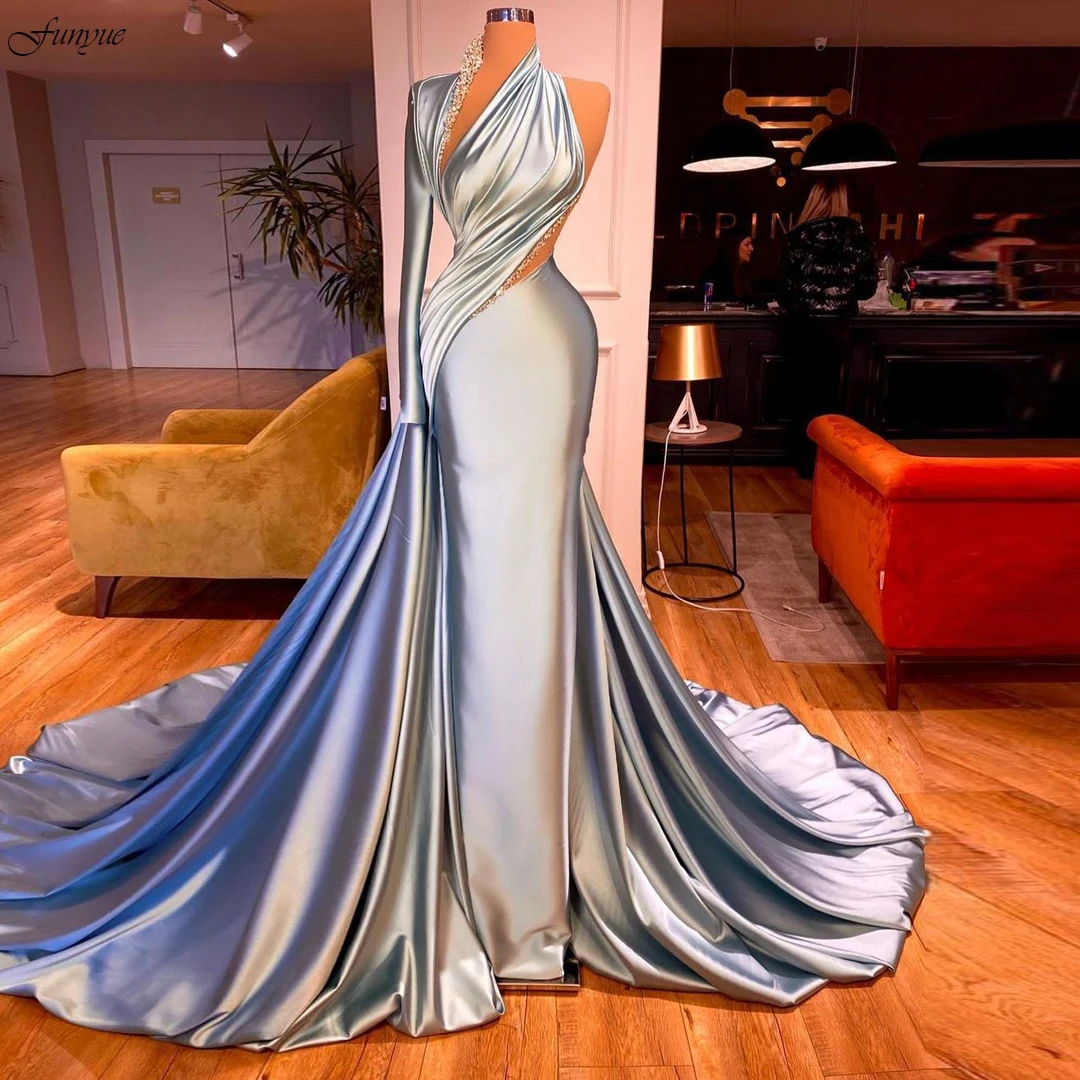 

Abendkleider 2024 Sky Blue Mermaid Evening Dresses Long Sleeve Dubai Formal Dress Pleat Satin Beaded Detachable Train Prom Gowns