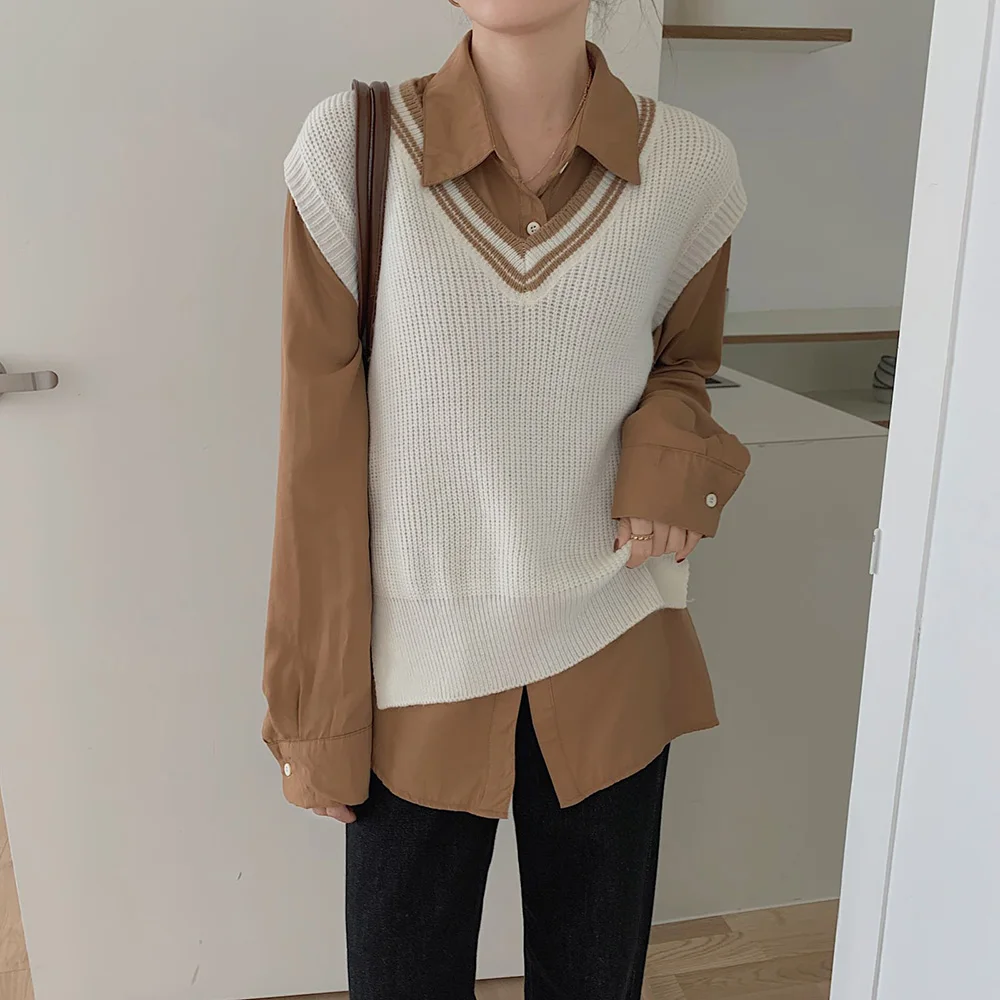 

Croysier 2021 Fashion Clothing Sleeveless Sweater Vest Autumn Winter Contrast Trim V Neck Sweater Women Knitted Pullover Jumper