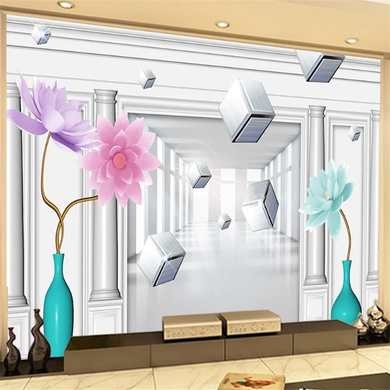 

wellyu Custom large-scale mural 3D three-dimensional space vase lotus lotus flower TV sofa background wallpaper