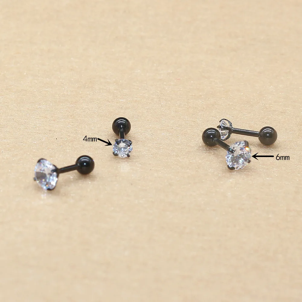 316 L Stainless Steel Black 4mm 6mm Round Clean Zircons Screw Stud Earrings Gold-color Vacuum Plating No Easy Fade Allergy Free