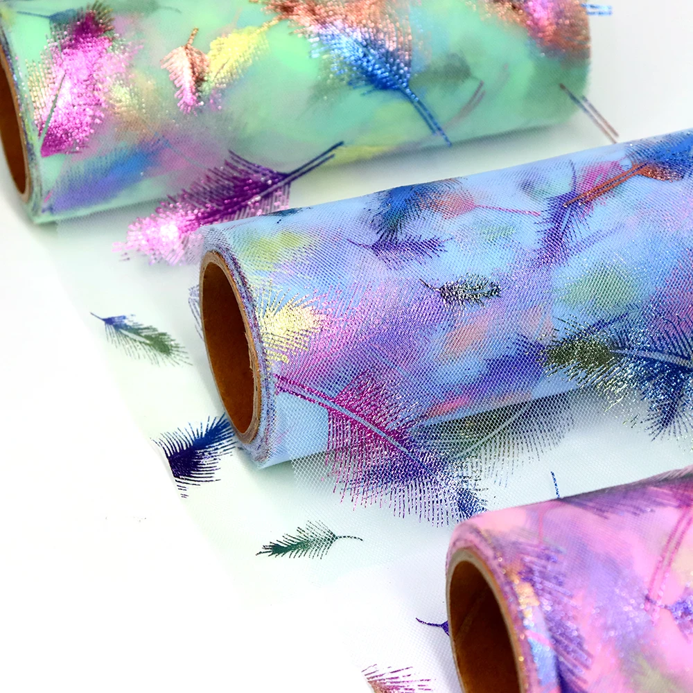 15cm 10yards Glitter Oraganza Tulle Spool Angel Feather Printed Mesh Ribbon Tape DIY Wedding Birthday Party Decoratioon Supplies