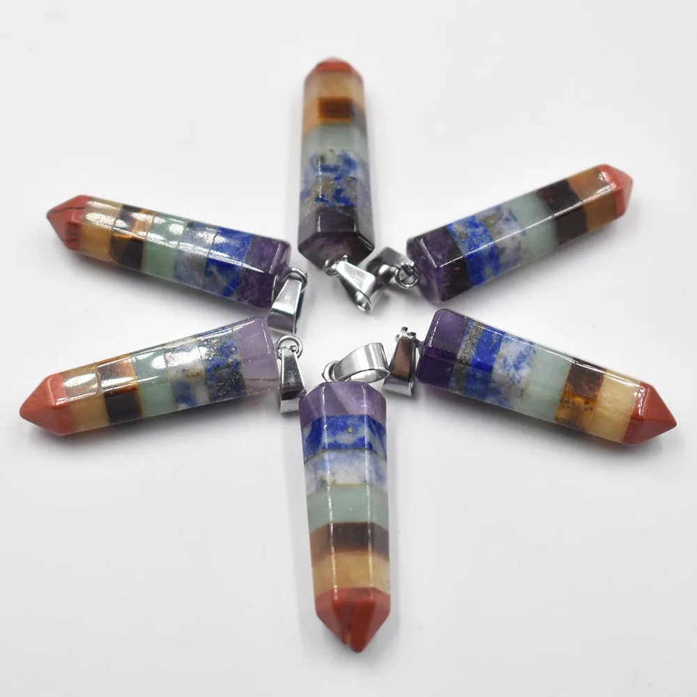 Rainbow 7 Chakra Layered Purple Crystal Tiger eye stone Hexagonal pyramid shape pendants for jewelry making 6pcs/lot wholesale