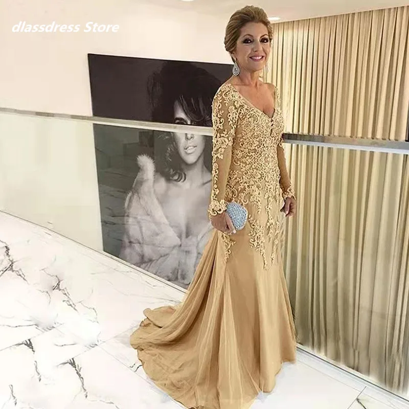 

Elegantt Champagne Lace Long Mother Of The Bride Dresses V Neck Full Sleeve Wedding Party Gowns Guest Formal Evening Dress 2022