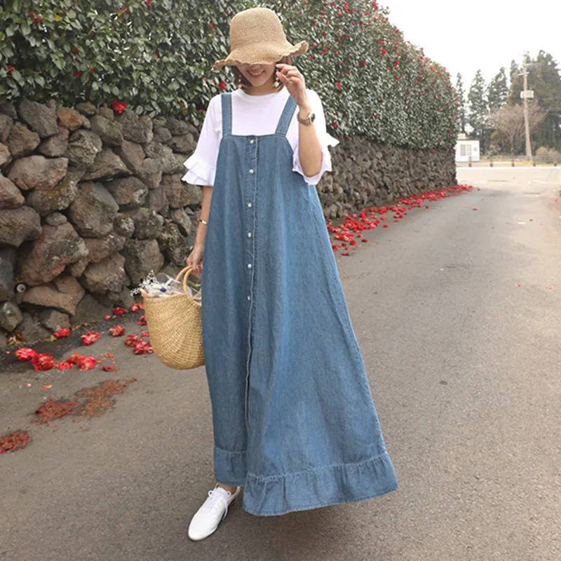 

TIYIHAILEY New Fashion S-XL Dresses For Women Long Maxi Dress Sleeveless Spring Autumn Denim Light Blue Single Breasted 2024