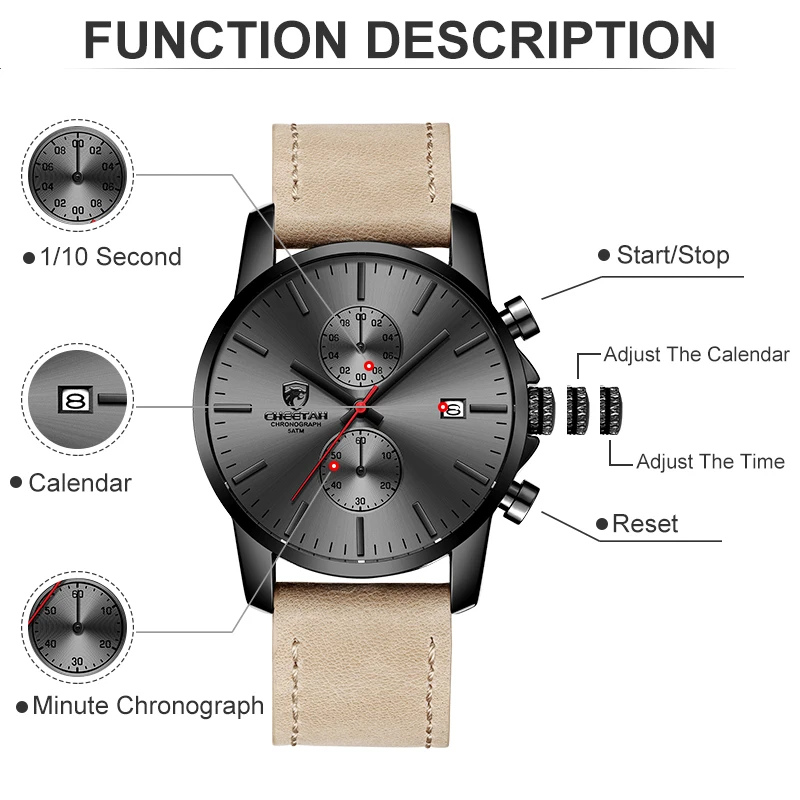 Men\'s Watch Luxury Brand CHEETAH Chronograh Quartz Wristwatch Leather Waterproof Sports Watches Relogio Masculino Reloj Hombre