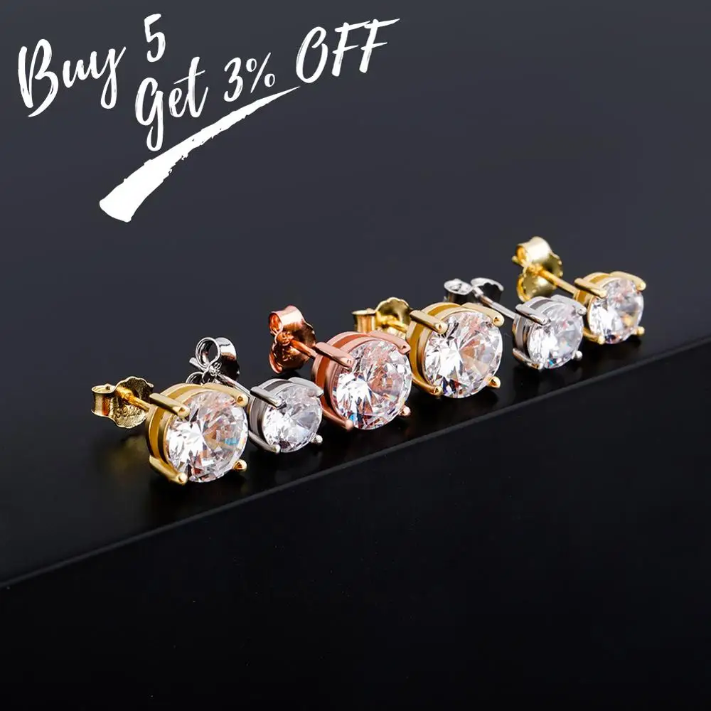 TOPGRILLZ 4.6.8MM Round Cut CZ Stud Earrings Gold 925 Sterling Silver Jewelry For Women Hip Hop Fashion Iced Out Cubic Zirconia