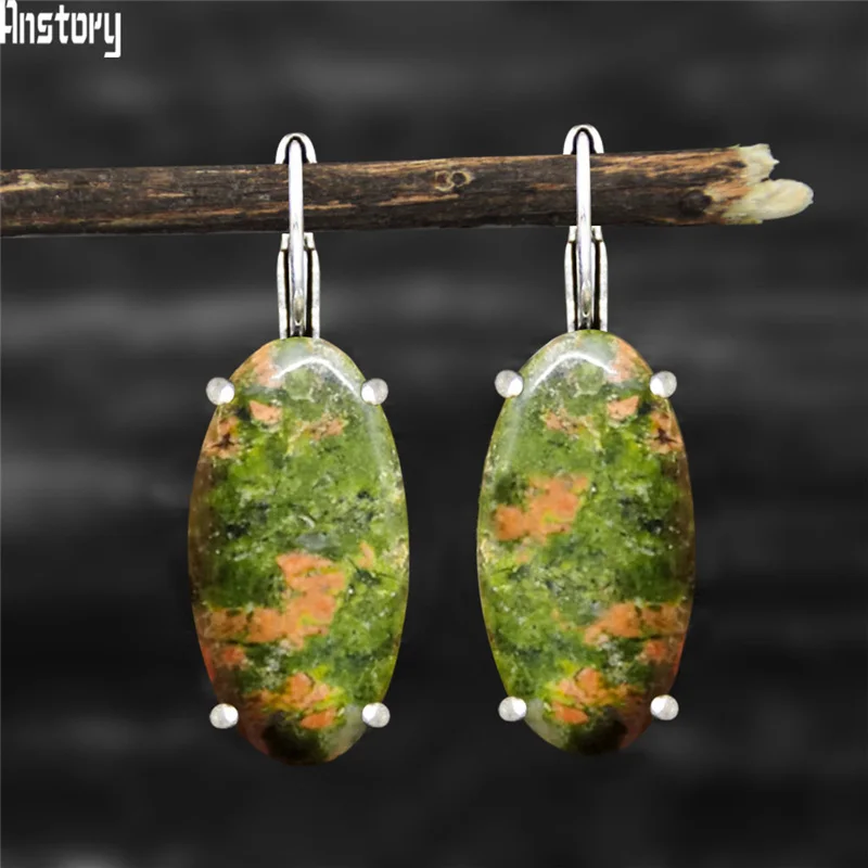 Big Vintage Natural Eye Stone Unakite Earrings For Women Antique Silver Plated Natural Stone Claw Fashion Earring