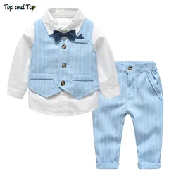 Top and top – Costume pour bébé garçon, ensemble chemise blanche avec noeud papillon, gilet à rayures, pantalon 3 pièces, printemps et automne