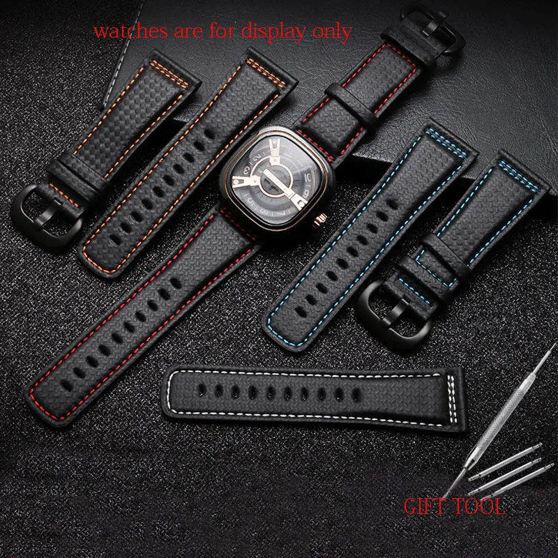 Carbon Fiber Leather watchband  black with white red blue orange line strap suitable for Friday P1|P2|M1|M2 watch accessories