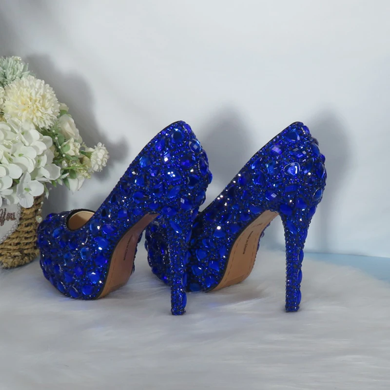 BaoYaFang Royal Blue Crystal Bridal Wedding Shoes And Bag Woman High Platform Shoes Big size Round Toe Party wedding shoes Women