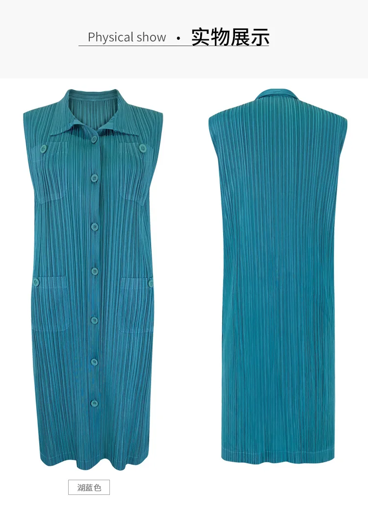 HOT SELLING Miyake fold  dress of  sleeveless turndown collar Button Pleated dress IN STOCK