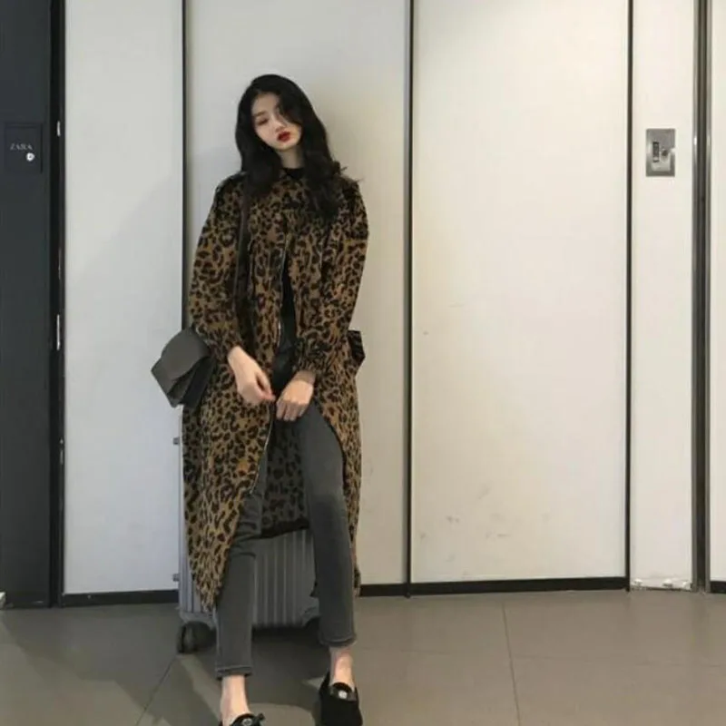 Loose Coats Women\'s Trench Coat Leopard Print Mid-Length Windbreaker Autumn Thin Korean Zipper Outerwear Coat Tooling Femal
