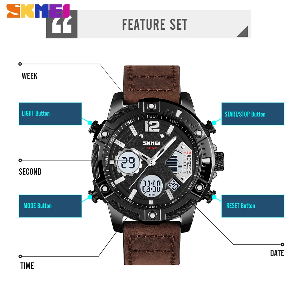 SKMEI Fashion Sport Mens Watches Luxury Chrono Male Quartz Clock Military Leather Strap Waterproof Wristwatch Relogio Masculino