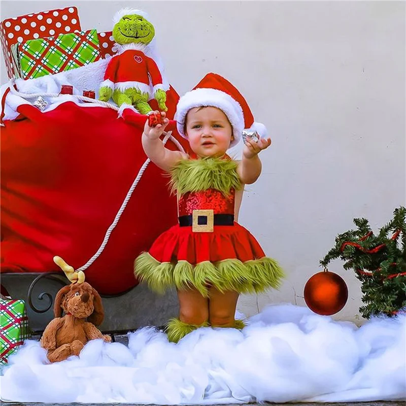 Christmas Baby Sequin Bodysuit Dress, Sleeveless Plush Square Collar Halter Backless Romper Dress Kids XMAS Clothing, 0-24Months