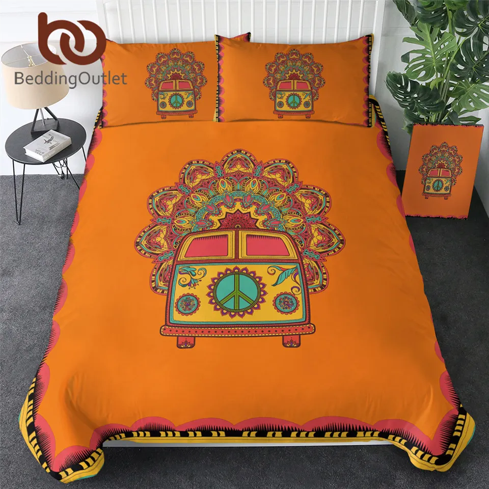 

BeddingOutlet Hippie Vintage Car Bedding Set Orange Mandala Quilt Cover Peace Design Bed Set Bohemian a Mini Van Bedclothes 3pcs