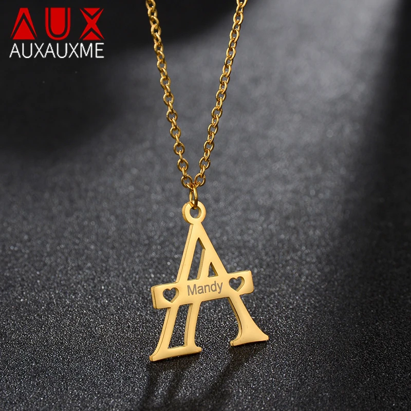 

Auxauxme Customized Capital Letter A Hollow Heart Name Necklace for Women Stainless Steel Engrave Name Choker Jewelry Gifts