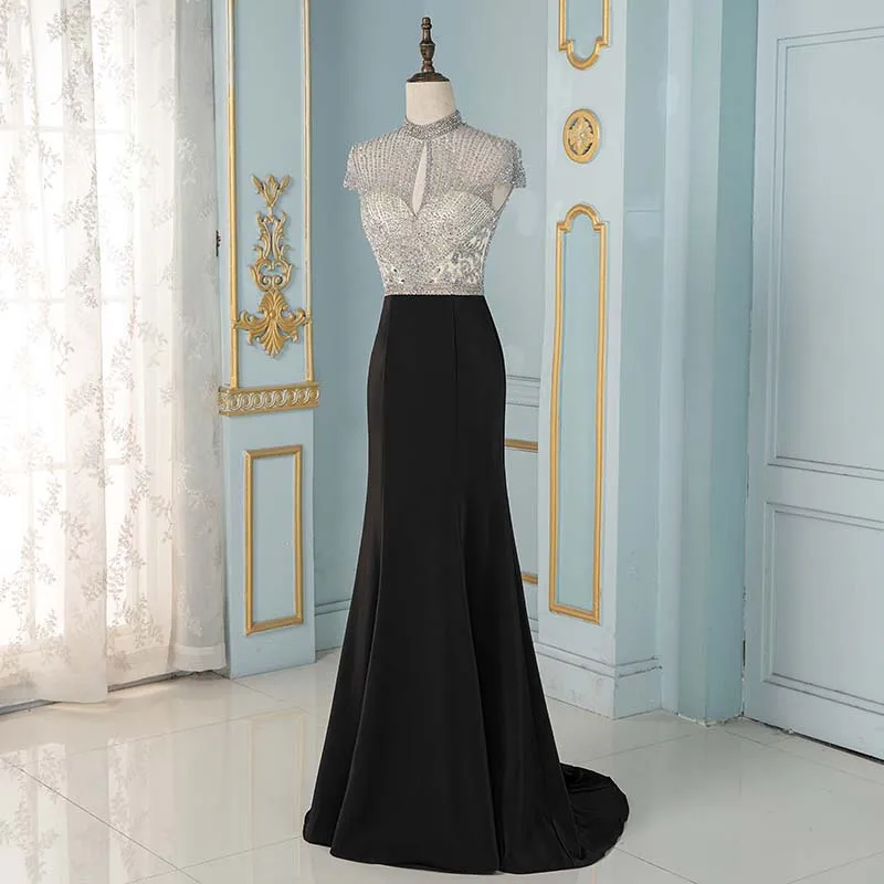 Elegant Black Crystals Mermaid Evening Dresses Long Cap Sleeve Formal Evening Gown YQLNNE