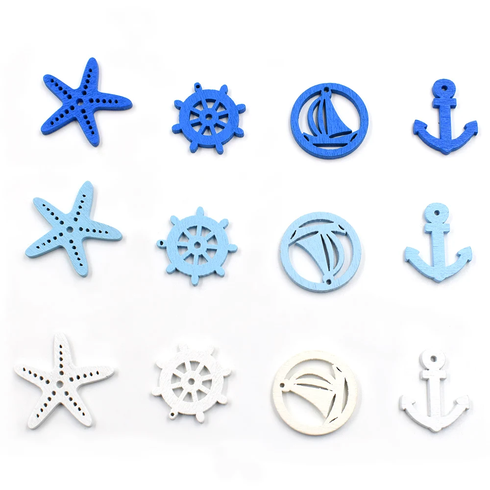 30pcs Mix Multi Shape Decorative Craft Buttons Wooden Painting Sea Sailor Anchor Pirate Ship Series Button DIY Handmade Supplies