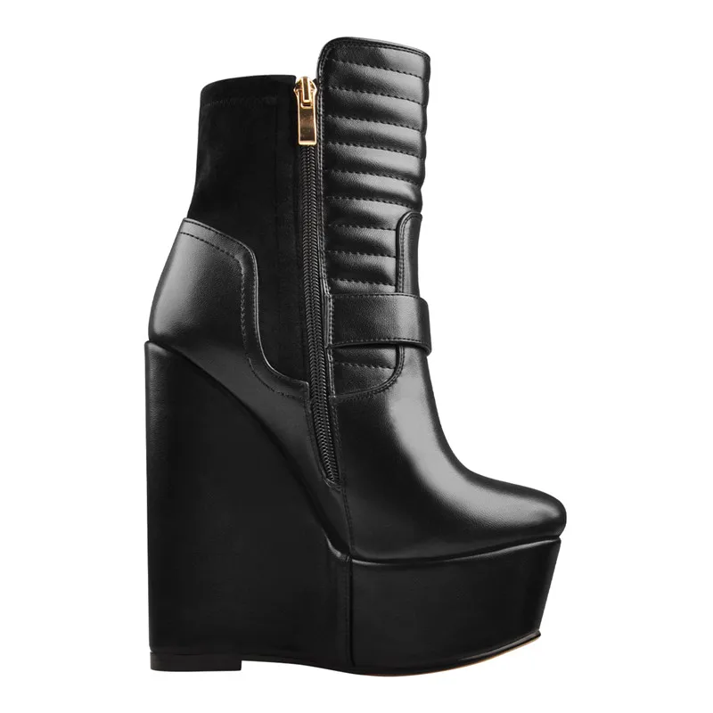 Onlymaker Women Wedge 16CM High Heels Ankel Boots Soft Leather For Party Dress Lady Zipper boots Plus size For Winter