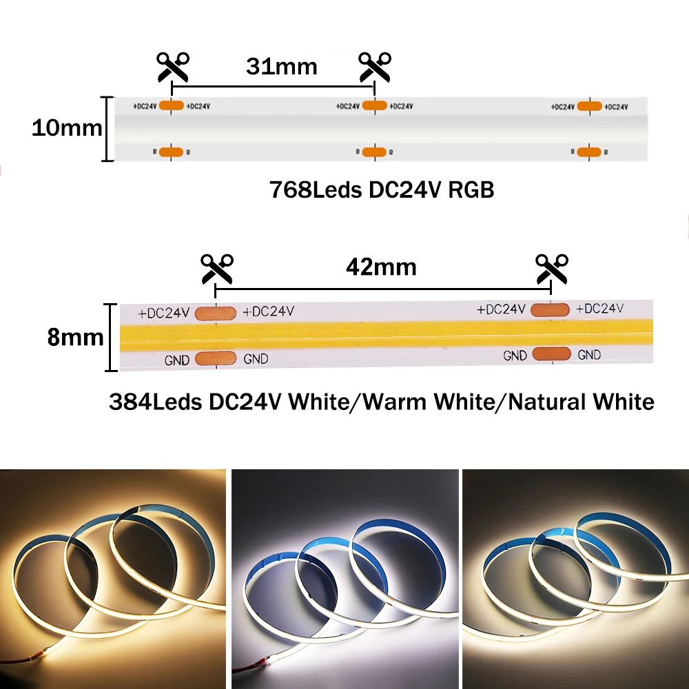 RGB COB LED Strip 320 384 528 768 LEDs High Density Flexible COB LED Light DC12V 24V RA90 3000K 4000K 6000K LED Linear Tape 5M