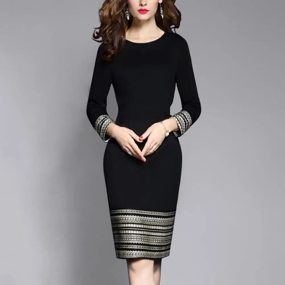 Autumn And Winter New Women's Fashion Splice Round Neck Slim Fit Long Sleeve Printed A-Line Dress Plus Size Elegant Dress 2024