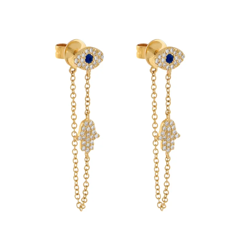 GS 18K Gold Plated Evil Eye Hamsa Hand Palm Charm Dangle Earrings For Women Zircon Pave Long Chain Tassel Earrings