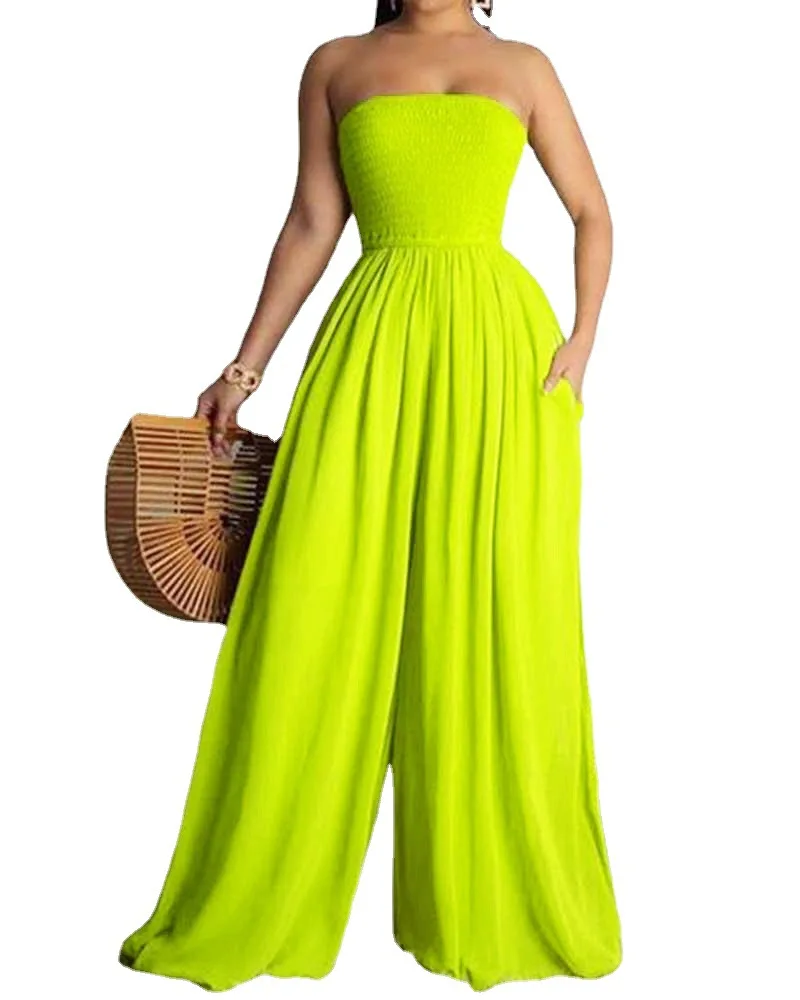 

M-5XL Plus Size Jumpsuit summer 2022 women clothing elegant Solid wrapped chest wide legs rompers with pocket Wholesale