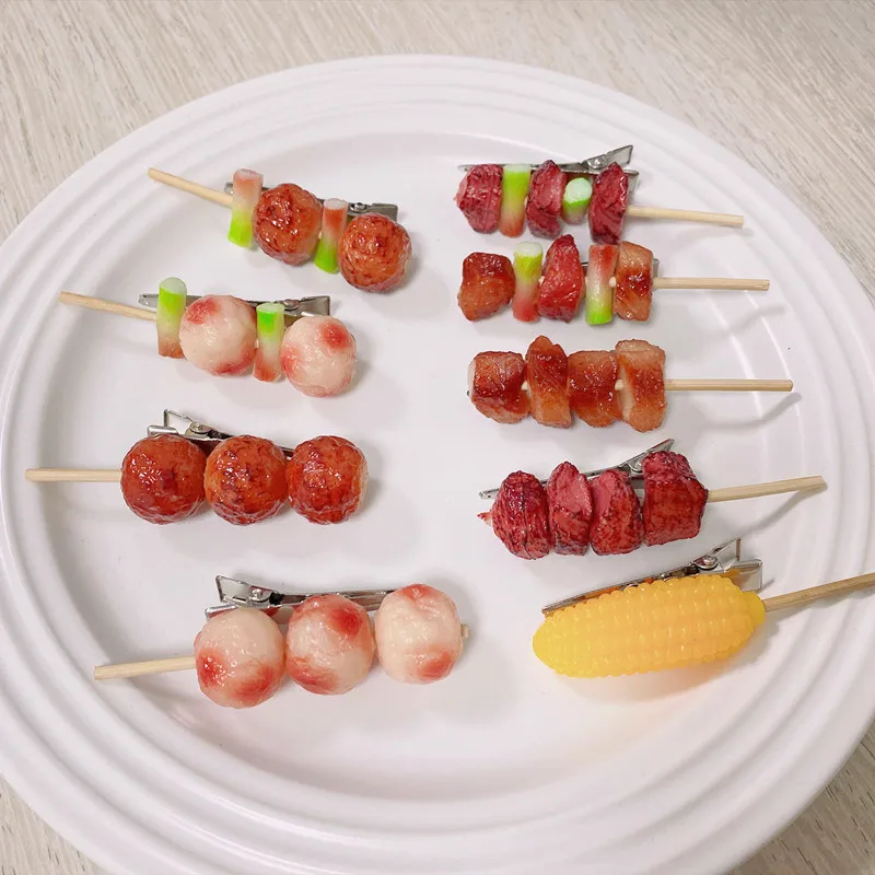 Creative fun simulation mini barbecue meatball string hairpin food side clip hairpin children's toy decoration gift