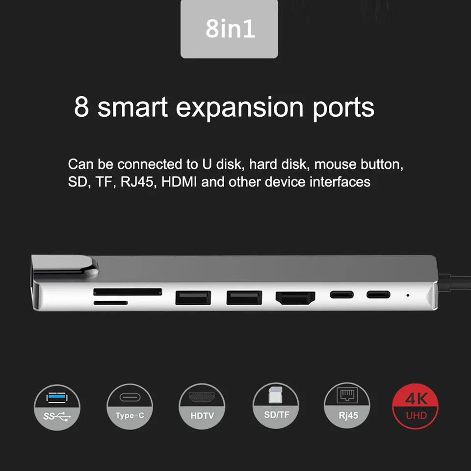 USB C Hub Type-C 3.1 to 4K HDMI-Compatible RJ45 USB SD/TF Card Reader PD Fast Charge 8-in-1 USB Dock For MacBook Air Pro PC HUB