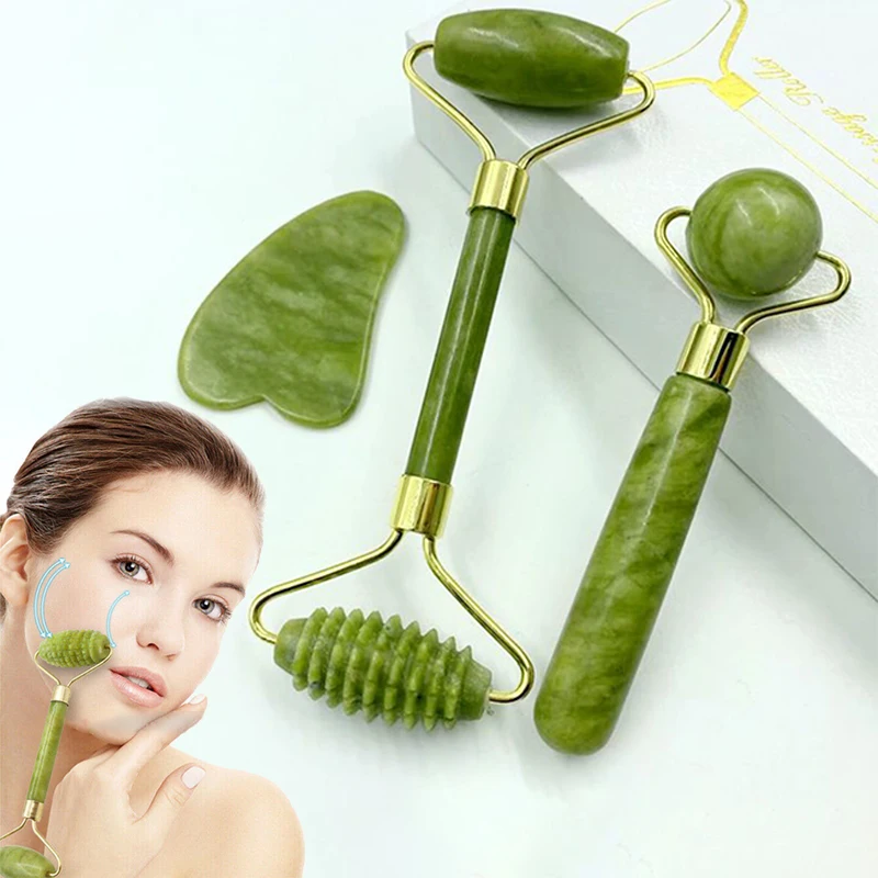 New 3PCS/set Facial Jade Stone Roller & Gua Sha Board Body Neck Massage Tool