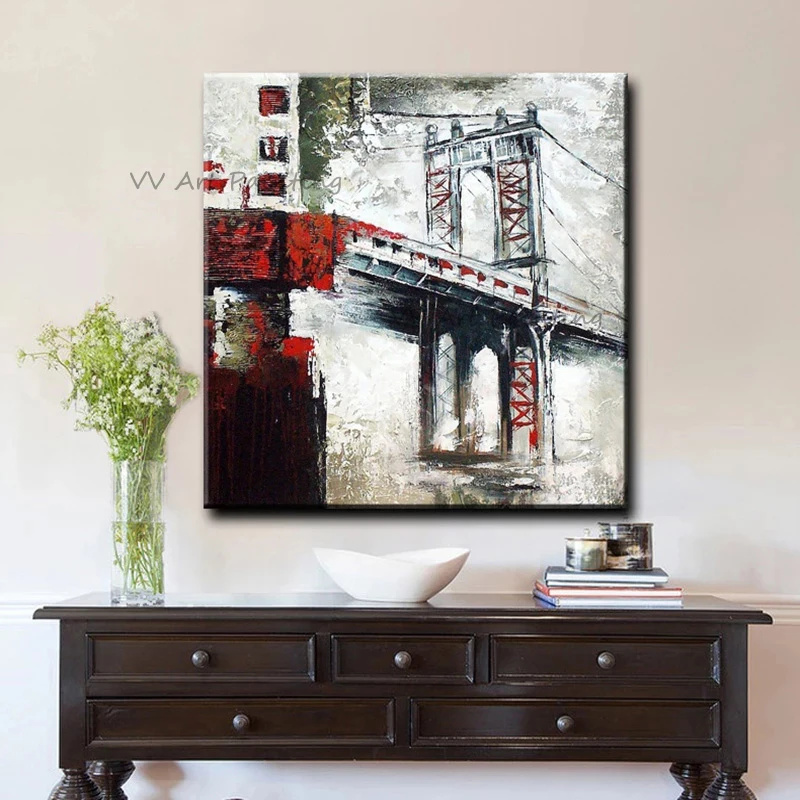 Abstract Canvas City Painting Graphic Contemporary Art 100% Handpainted Bridge Wall Picture Modern Home Living Room Decoration