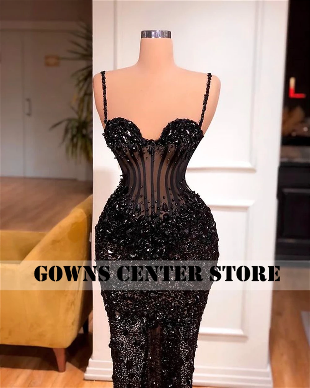 Stone Beaded Dubai Black Mermaid Evening Dresses Party Dress Sparkly Sequin Long Sleeve Middle East Formal Gowns robe Customized