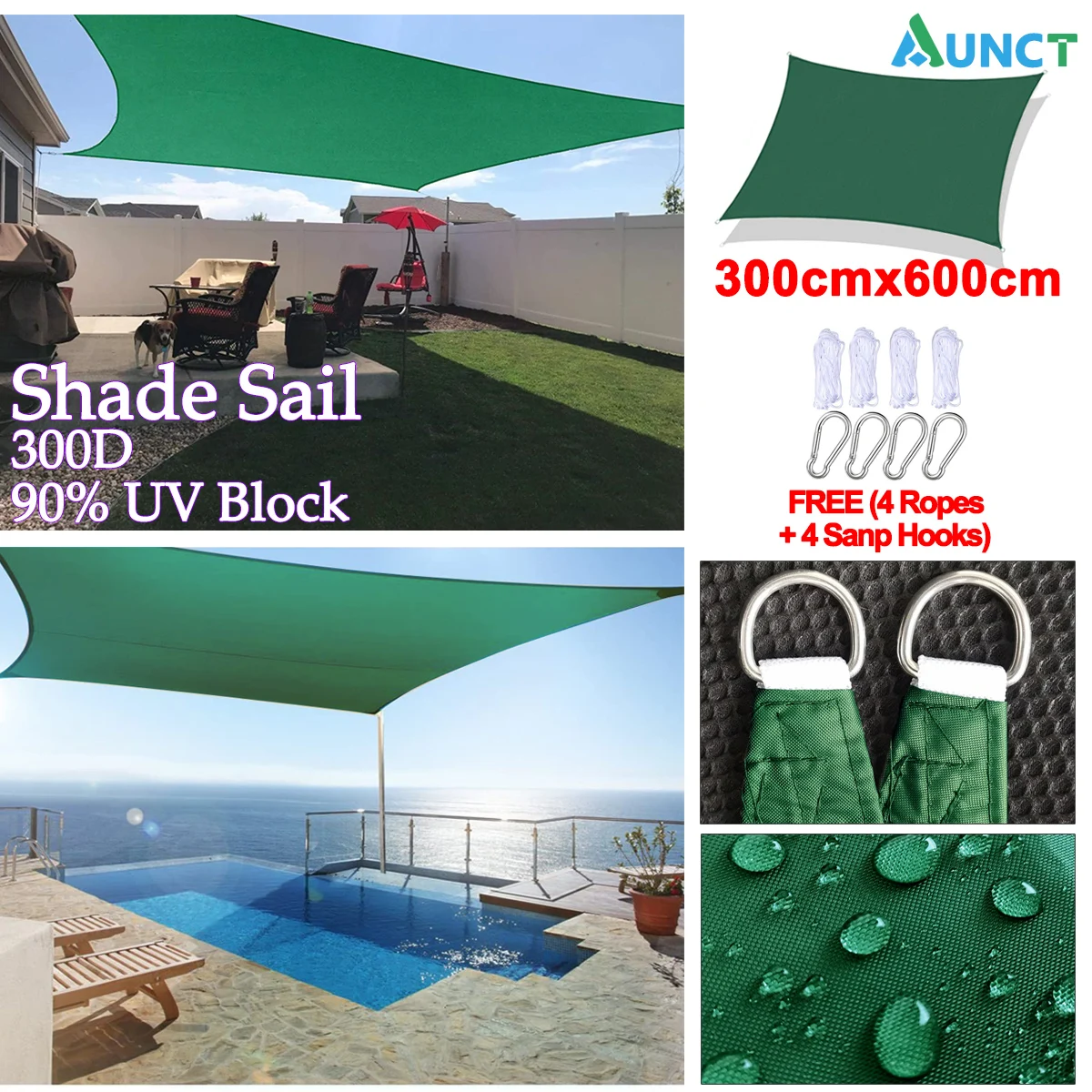 3x6M 420D Oxford Retângulo viseira Sun Sombra Sail piscina cobertura Sunscreen toldos ao ar livre impermeável vela sombra pano gazebo dossel