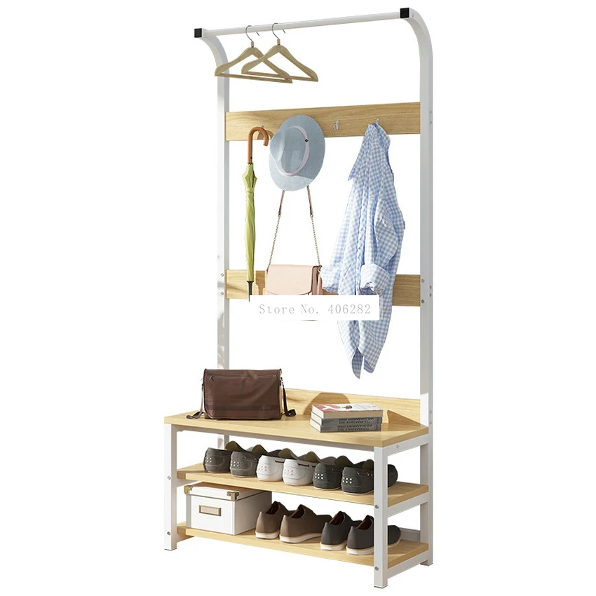 

170cm Simple Multi-Hook Clothing and Shoes Stand Rack Wood 2 Layer Shoes Storage Hat Cloth Bag Coat Hanger Floor Standing Rack