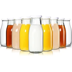 Glass Milk Bottles with Reusable Metal Twist Lids for Beverage Glassware and Drinkware Parties, Weddings, BBQ, Picnics
