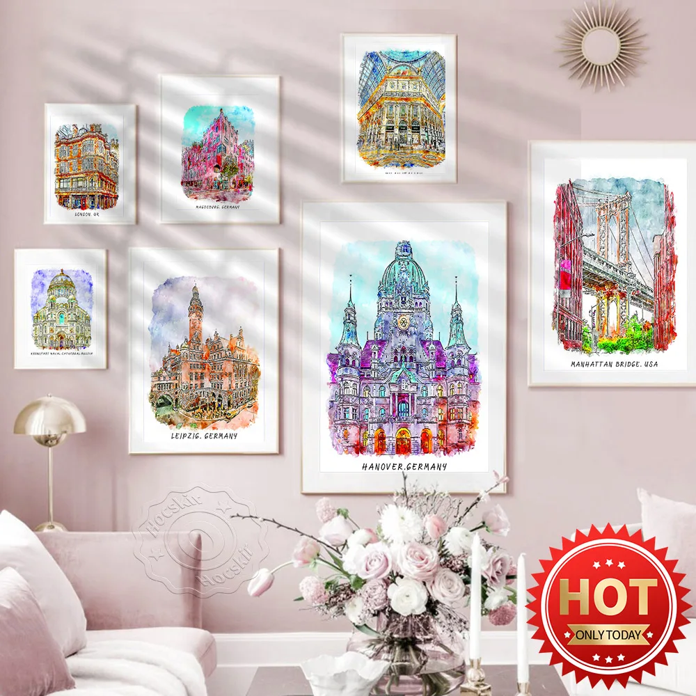 Постер с изображением мирового города, постер с изображением акварельных стен, зданий Лондона, Нью-Йорка, Москвы, Германия, Россия, Италия, домашний декор