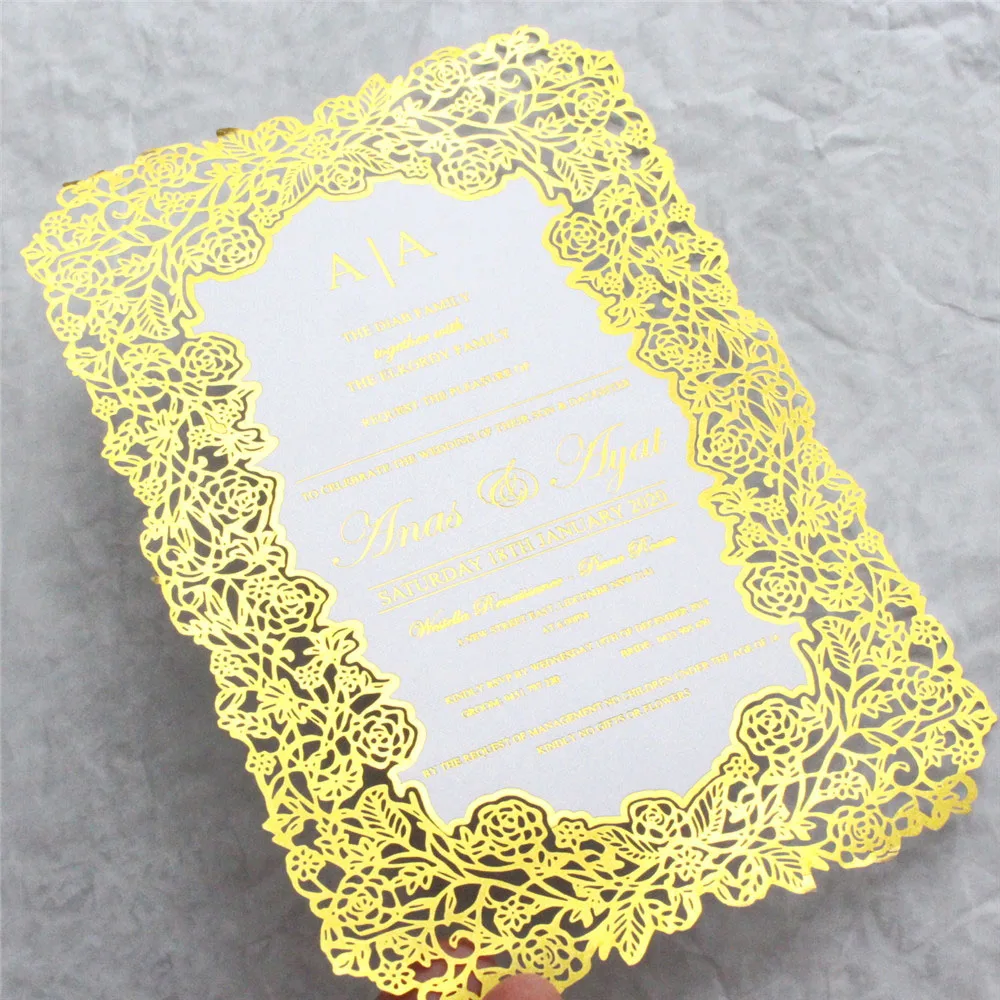 Customized Gold Foil Invitation Card Printing For Wedding Birthday Baptism Rose Laser Cutting 100 Pcs Party Celebration Suppl