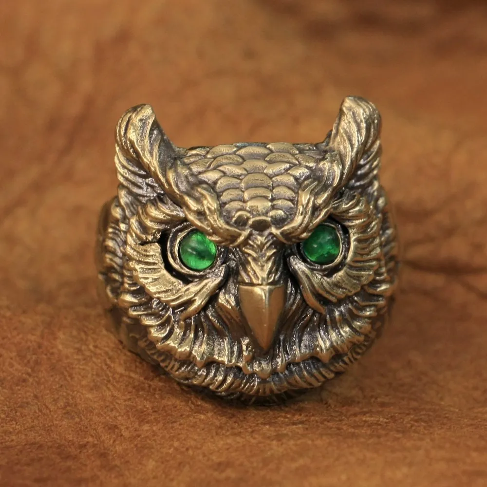 

LINSION Green CZ Eyes Details Brass Owl Ring Mens Biker Punk Ring BR261 US Size 7~15