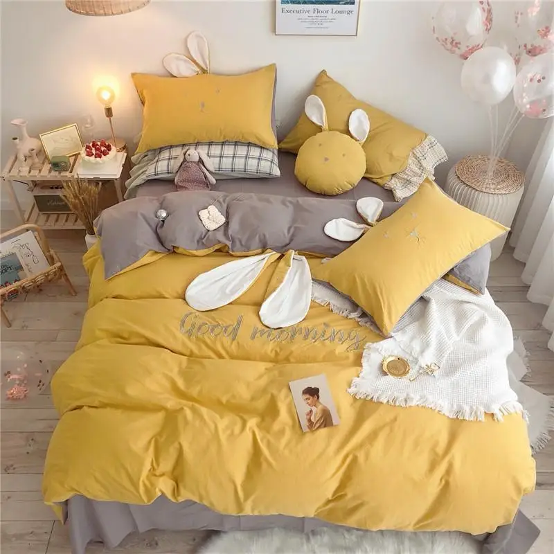 J1Cute Rabbit Ears Embroidery100% Washed Cotton Girl Bedding Set Yellow Gray Duvet Cover Bed Sheet Pillowcase Gift For Child