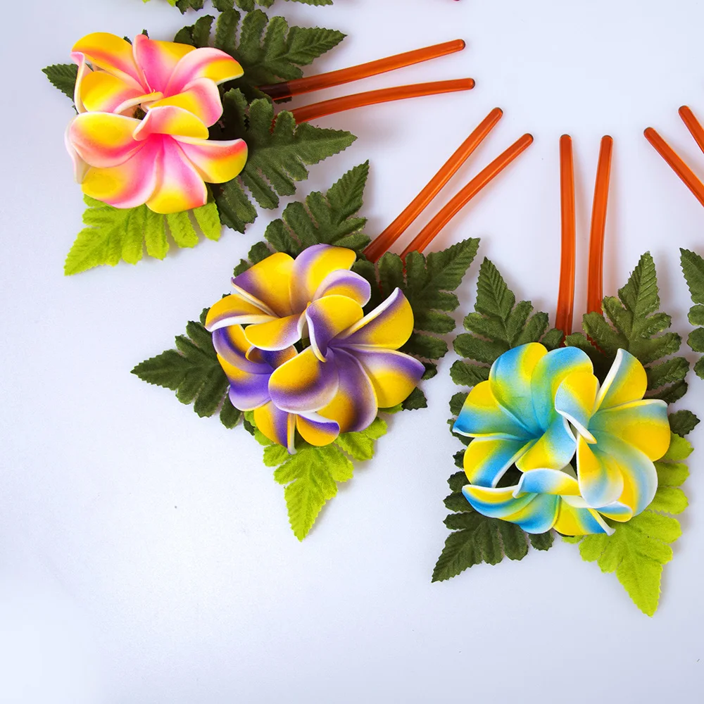 MIXED COLOR Free Shipping 50pcs/Lot HC00062 10Color 3-Foam Plumeria Hair Stick W Fern Leaves Hawaii Tropical Flower Headwear