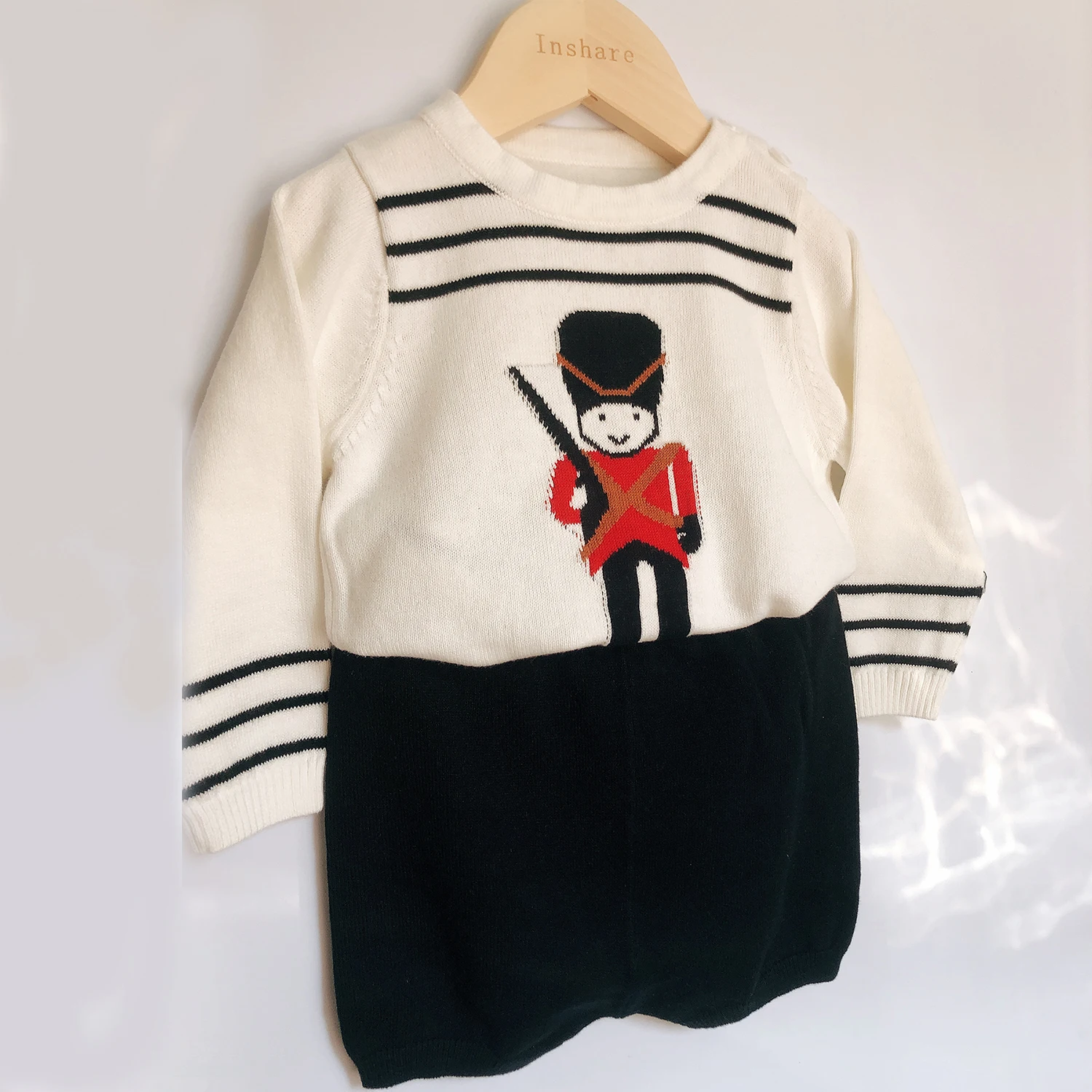 Children Boutique Clothing Set Ins Trend Baby Boy Cartoon Soldier Pattern Long Sleeve Knit 2Pc Set Fashionable Handsome European