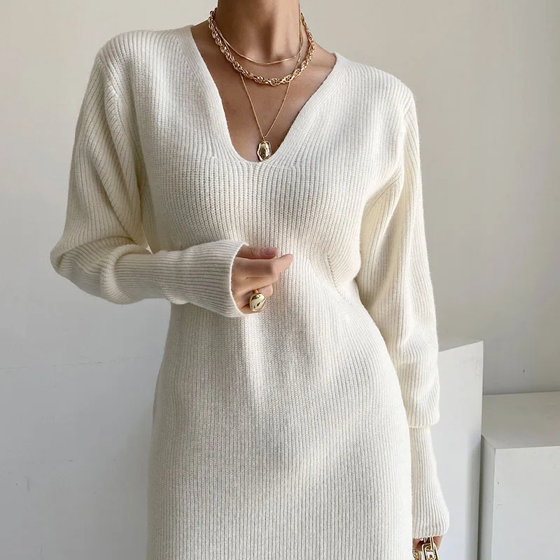 Aprocot V Neck Pollover Casual Solid Warm 2022 Korean New Thick Knitted Sweater Dress Women Woman Jumper Dresses Winter Knitwear