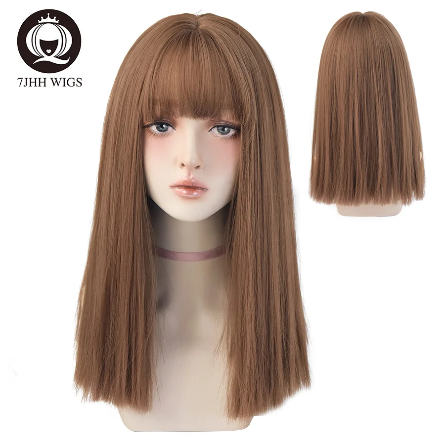 7JHH Wigs Black Straight Synthetic Wig with Bangs